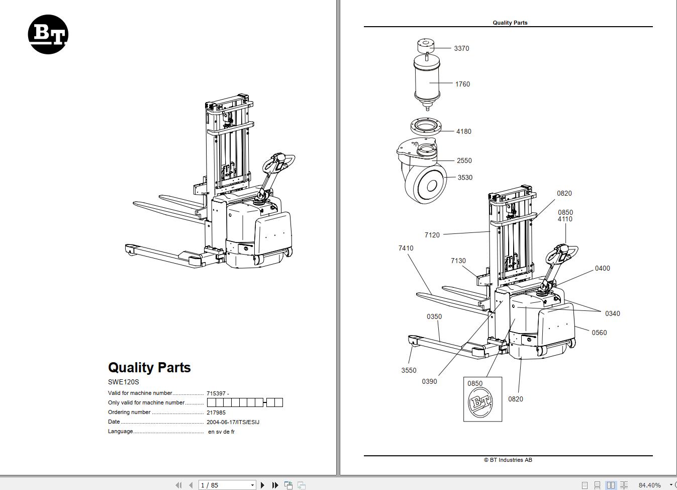 BT Forklift SWE120S Quality Parts EN SV DE FR