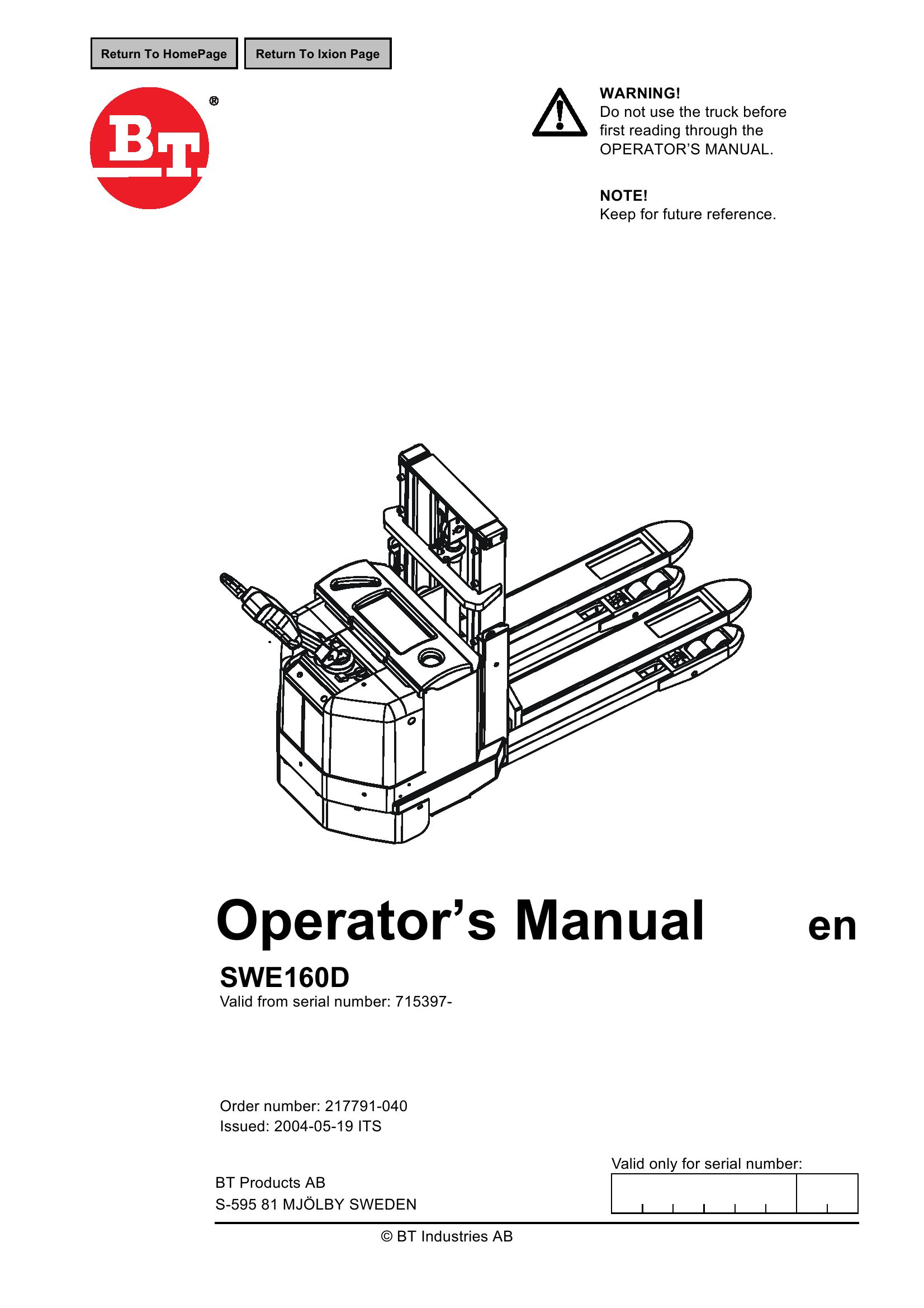 BT Forklift SWE160D Operators Manual