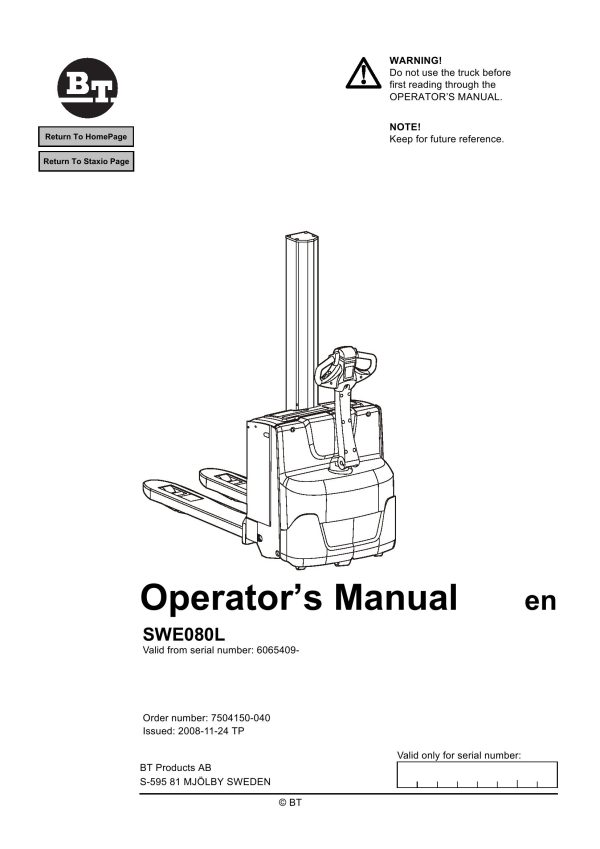 BT Forklift Staxio SWE080L Operators Manual