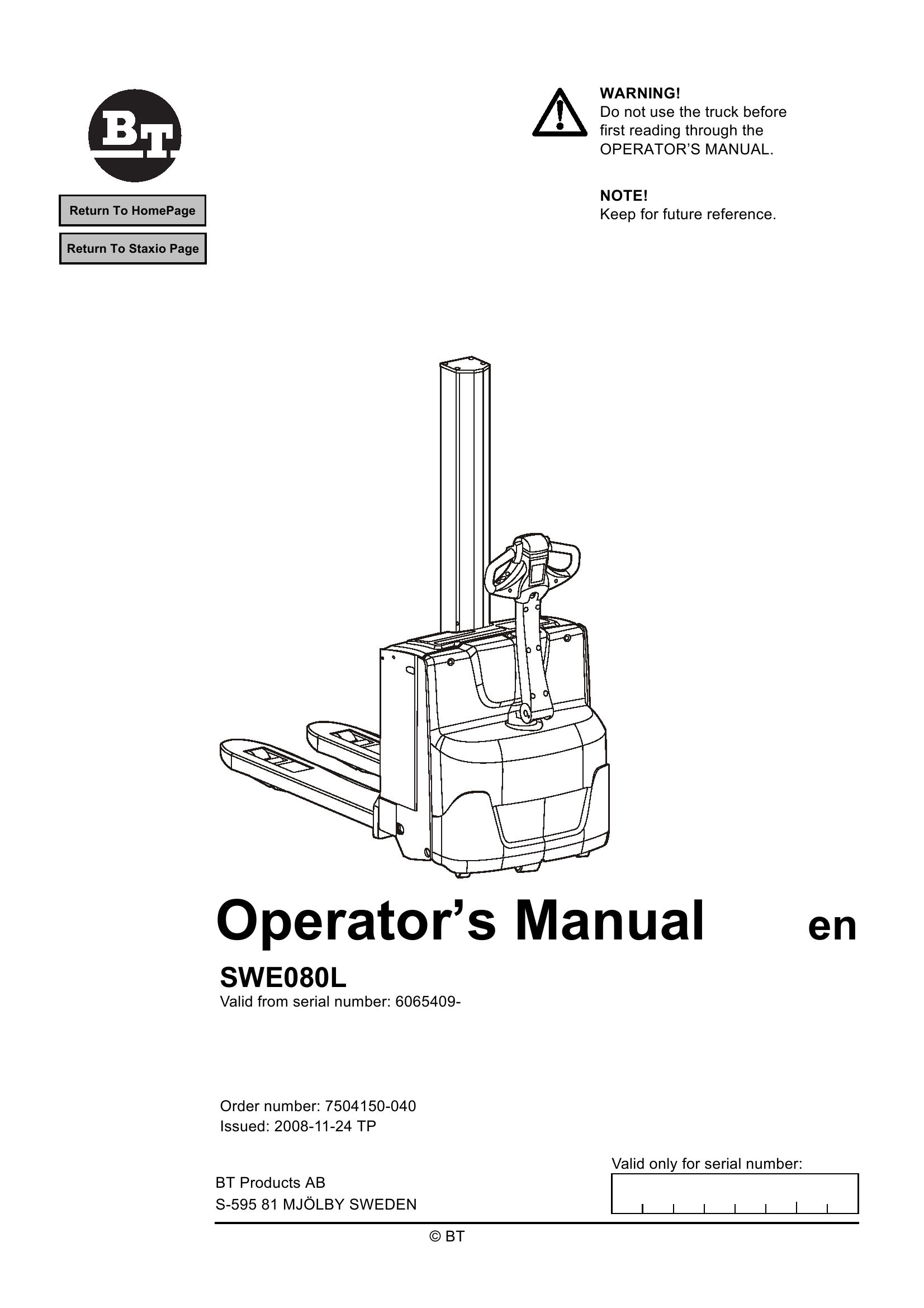 BT Forklift Staxio SWE080L Operators Manual