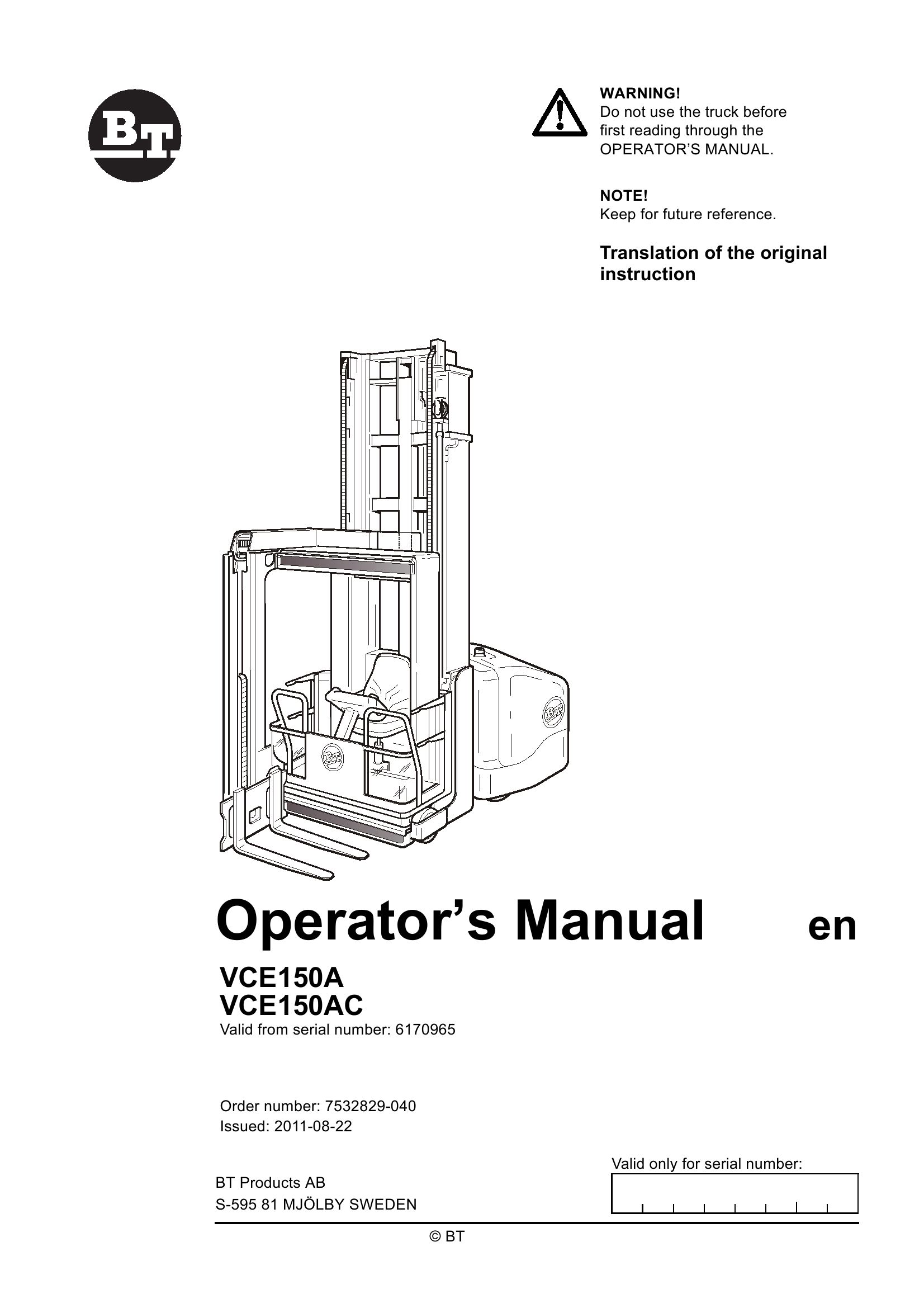 BT Forklift VCE150A VCE150AC Operators Manual