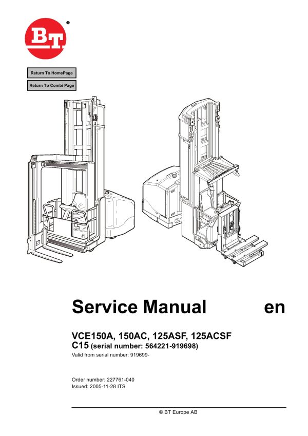 BT Forklift VCE150A VCE150AC VCE125ASF VCE125ACSF C15 Service Manual