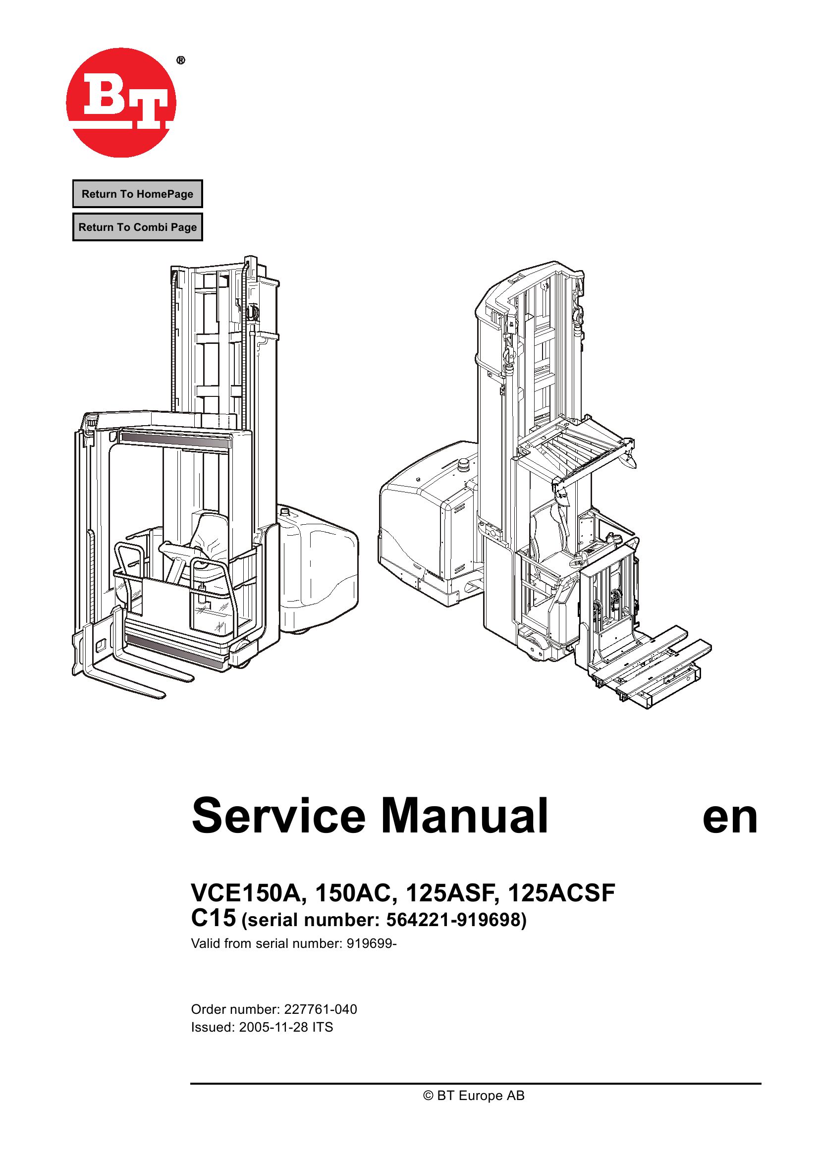 BT Forklift VCE150A VCE150AC VCE125ASF VCE125ACSF C15 Service Manual