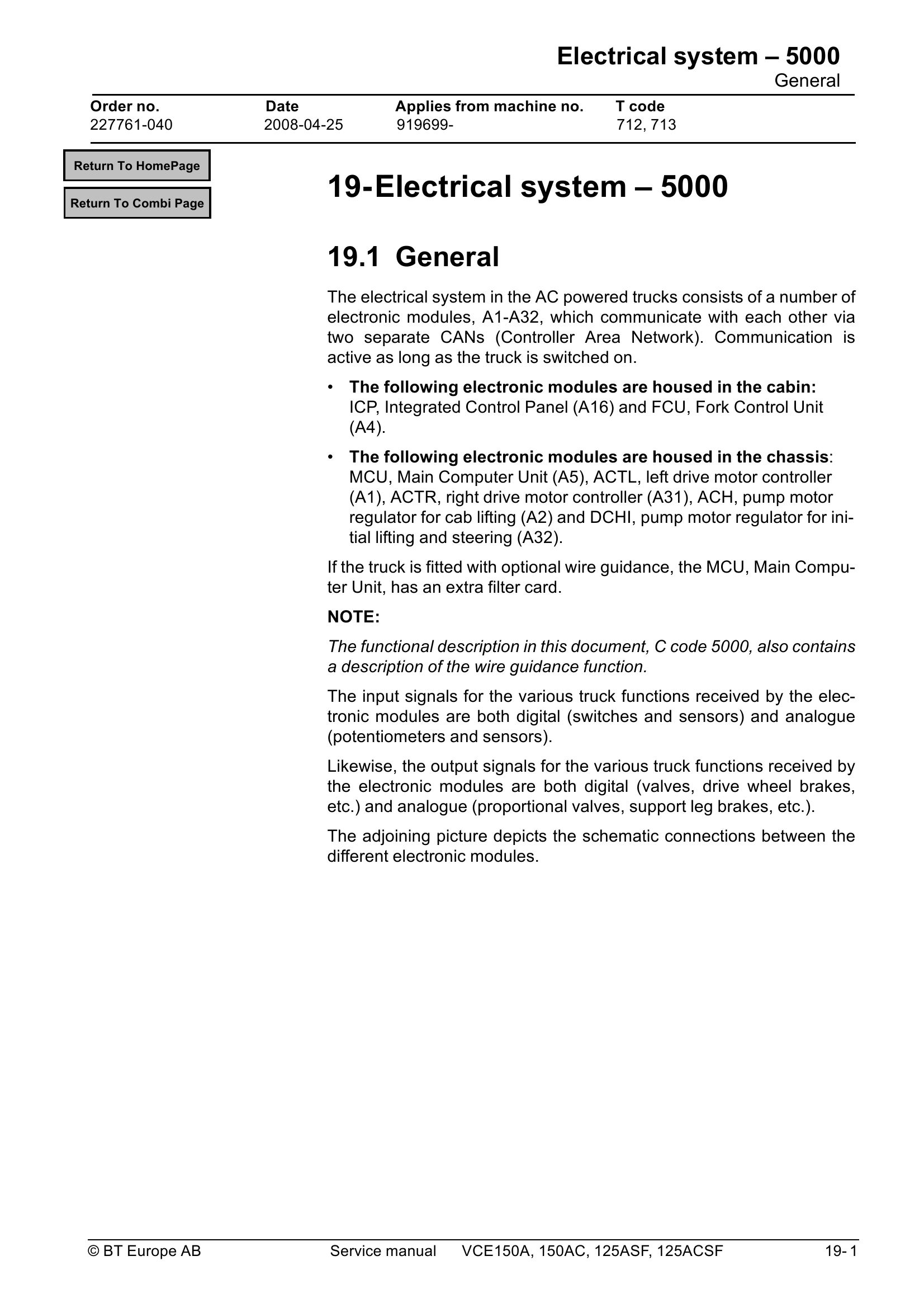 BT Forklift VCE150A VCE150AC VCE125ASF VCE125ACSF Electrical System Service Manual