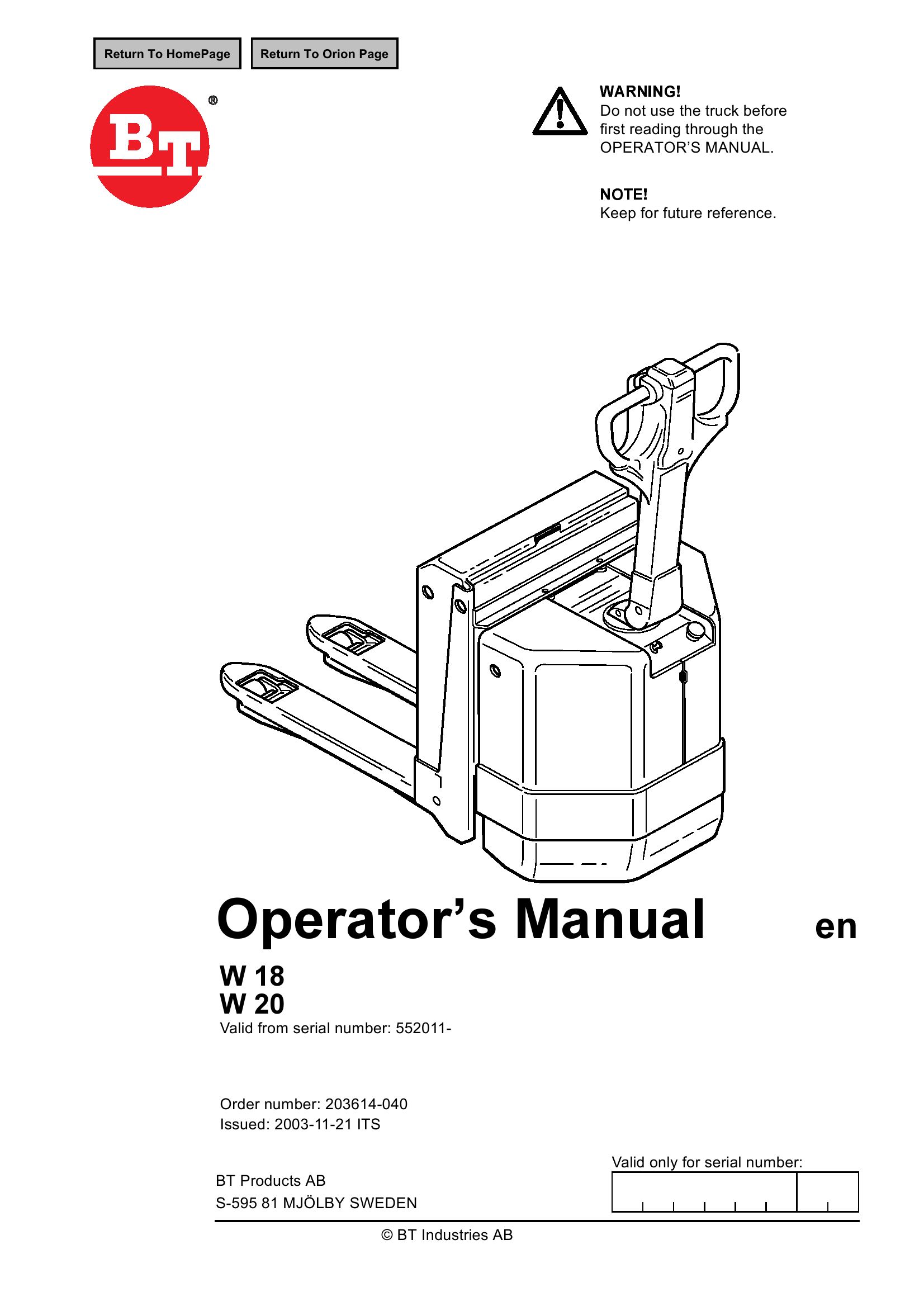 BT Forklift W18 W20 Operators Manual