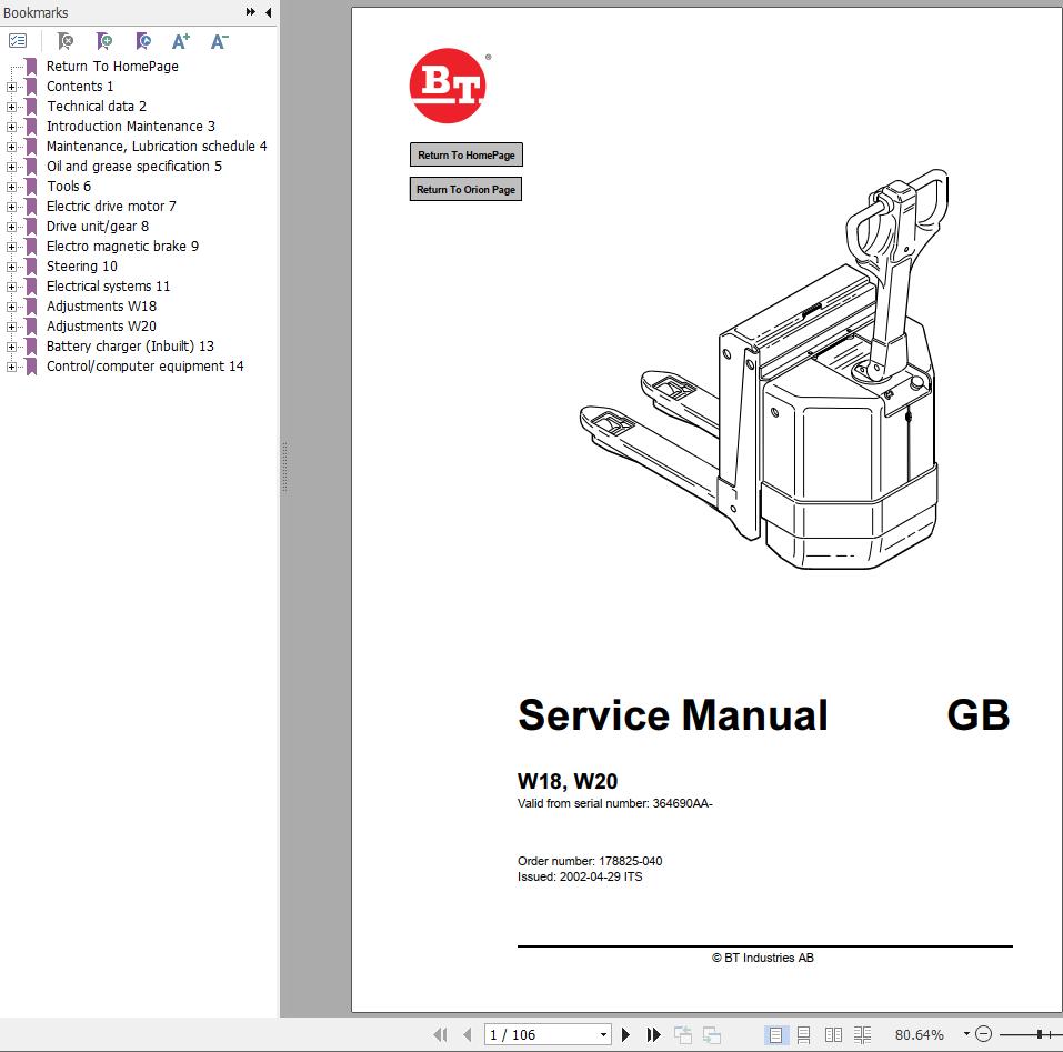 BT Forklift W18 W20 Service Manual 364690AA