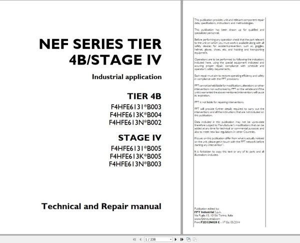 Case Engine F4HFE613 Series NEF Tier 4B Stage IV Technical Repair Manual P2D32N028 E