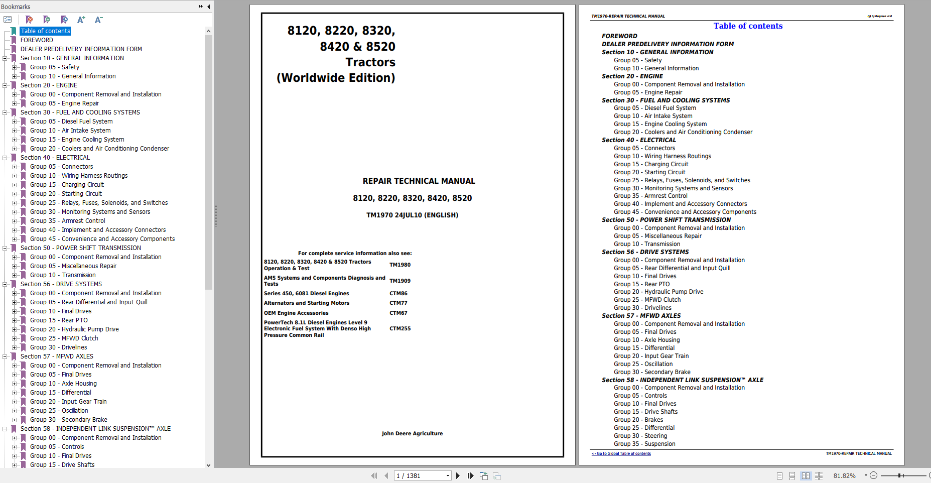 John Deere 8120 8220 8320 8420 8520 Worldwide Edition Repair Technical Manual TM1970 1