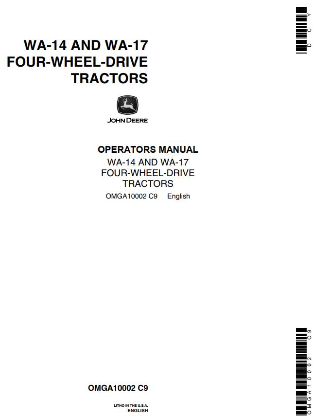 John Deere Four Wheel Drive Tractors WA 14 WA 17 Operators Manual