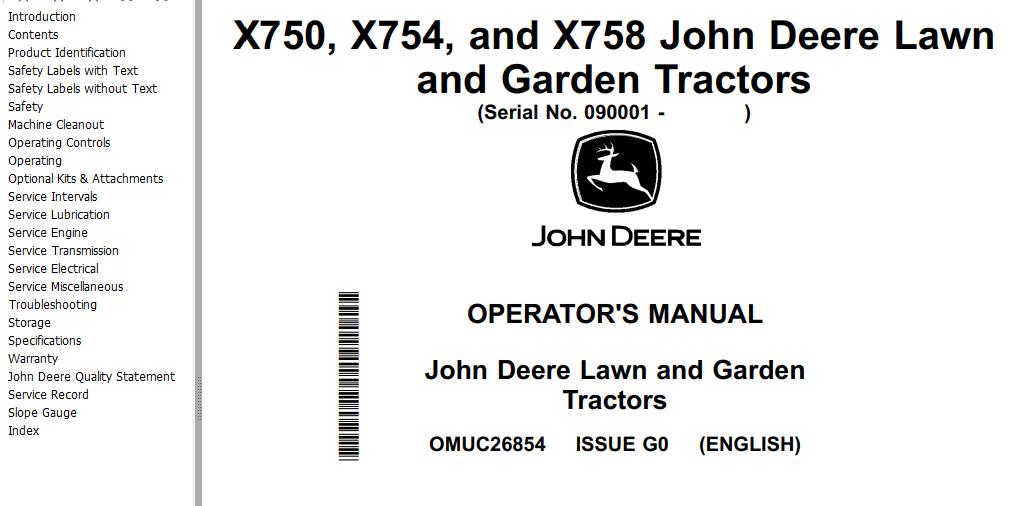 John Deere Garden And Lawn Tractors X750 X754 X758 Operators Manual