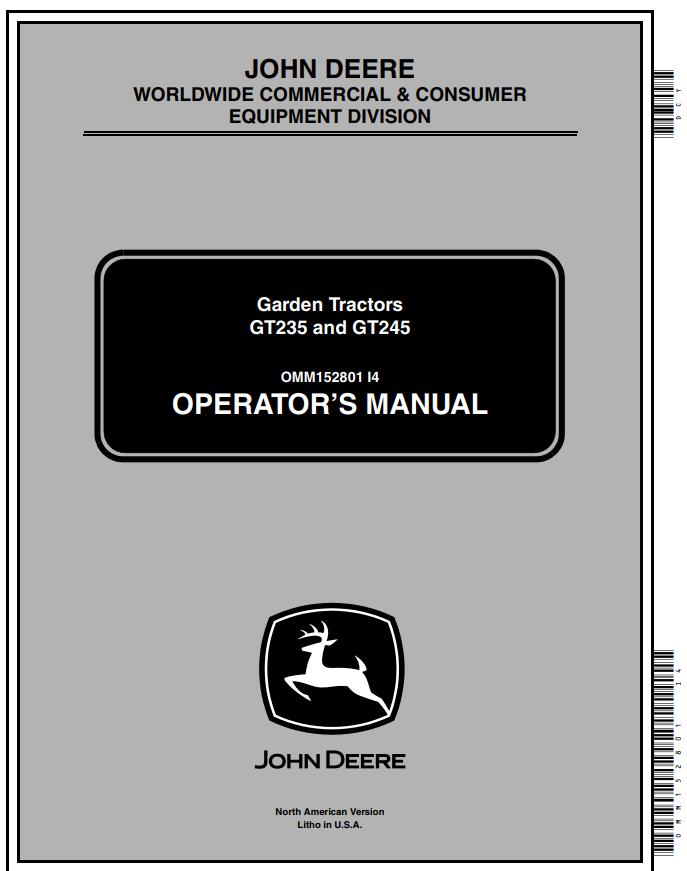 John Deere Garden Tractor GT235 GT245 Operators Manual