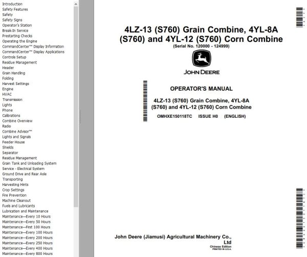 John Deere Grain And Corn Combine 4LZ 13 4YL 8A 4YL 12 Operators Manual