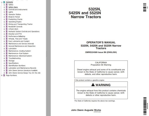 John Deere Narrow Tractors 5325N 5425N 5525N Operators Manual
