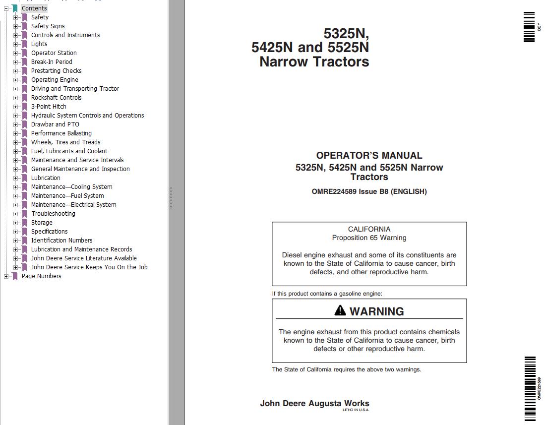 John Deere Narrow Tractors 5325N 5425N 5525N Operators Manual