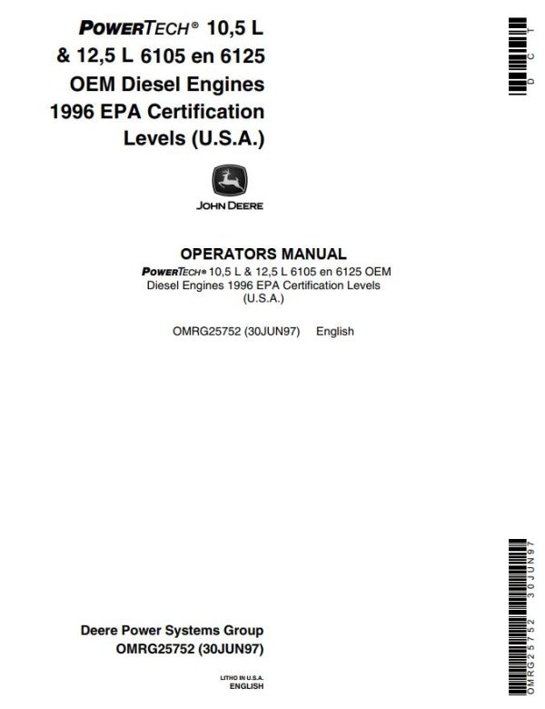 John Deere OEM Diesel Engines 105L 125L 6105 en 6125 Operators Manual