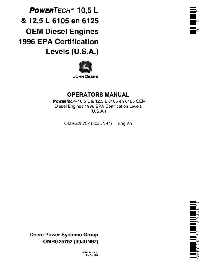 John Deere OEM Diesel Engines 105L 125L 6105 en 6125 Operators Manual