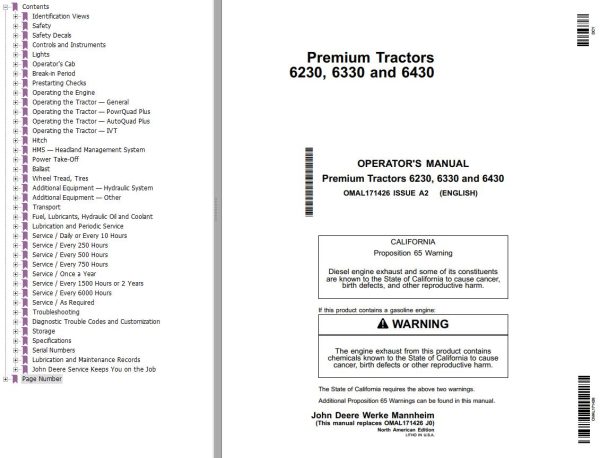John Deere Premium Tractors 6230 6330 6430 Operators Manual