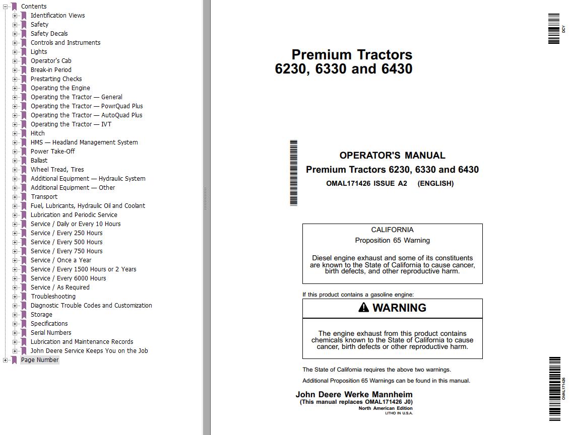 John Deere Premium Tractors 6230 6330 6430 Operators Manual