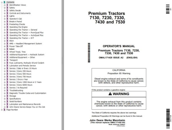 John Deere Premium Tractors 7130 7230 7330 7430 7530 Operators Manual