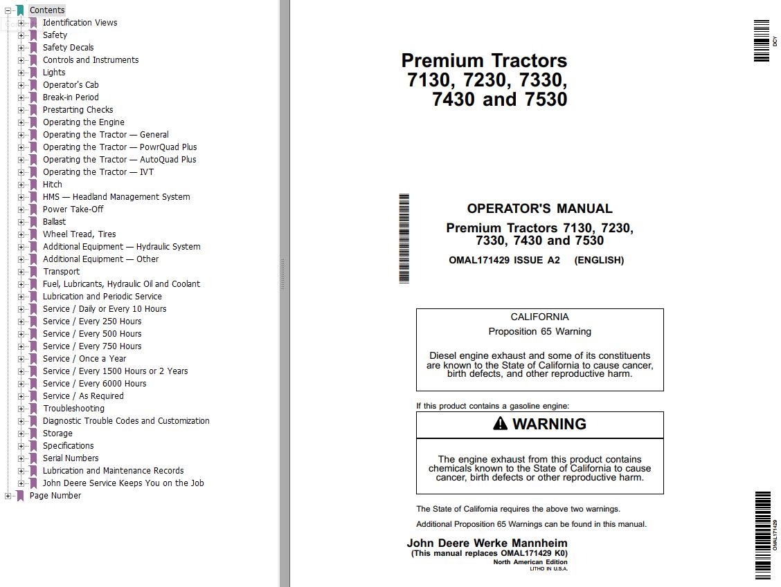 John Deere Premium Tractors 7130 7230 7330 7430 7530 Operators Manual