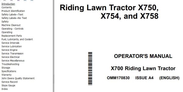 John Deere Riding Lawn Tractor X750 X754 X758 Operators Manual