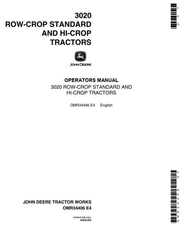 John Deere Row Crop Standard and Hi Crop Tractors 3020 Operators Manual