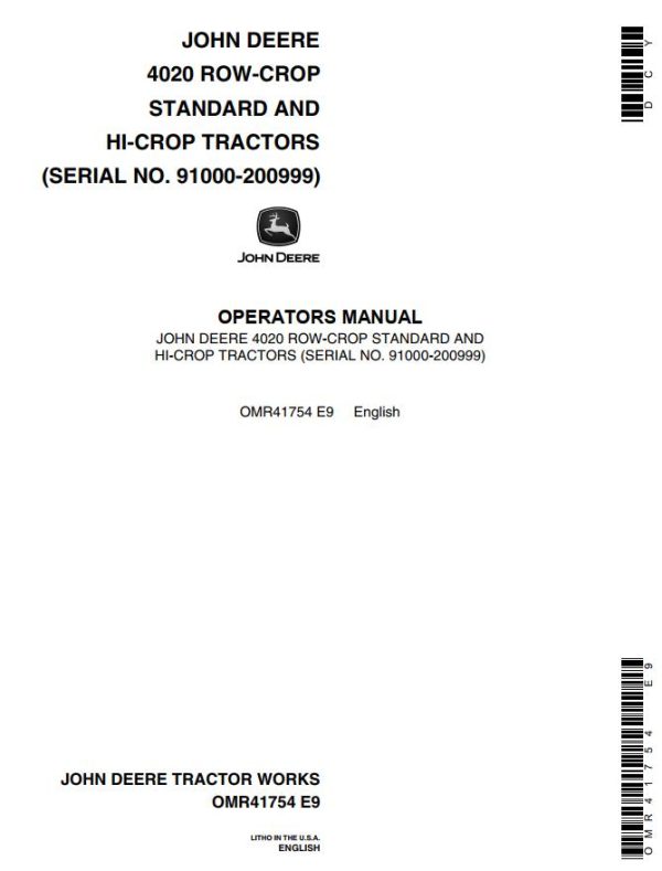 John Deere Row Crop Standard and Hi Crop Tractors 4020 Operators Manual