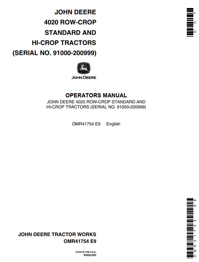 John Deere Row Crop Standard and Hi Crop Tractors 4020 Operators Manual