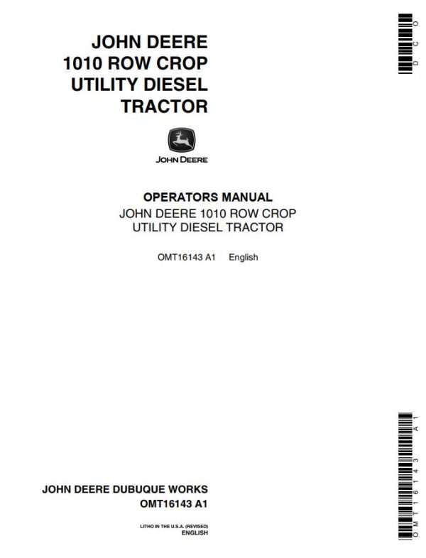 John Deere Row Crop Utility Diesel Tractor 1010 Operators Manual