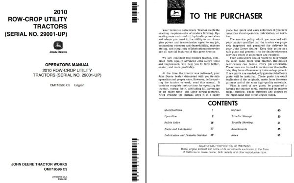 John Deere Row Crop Utility Tractor 2010 Operators Manual