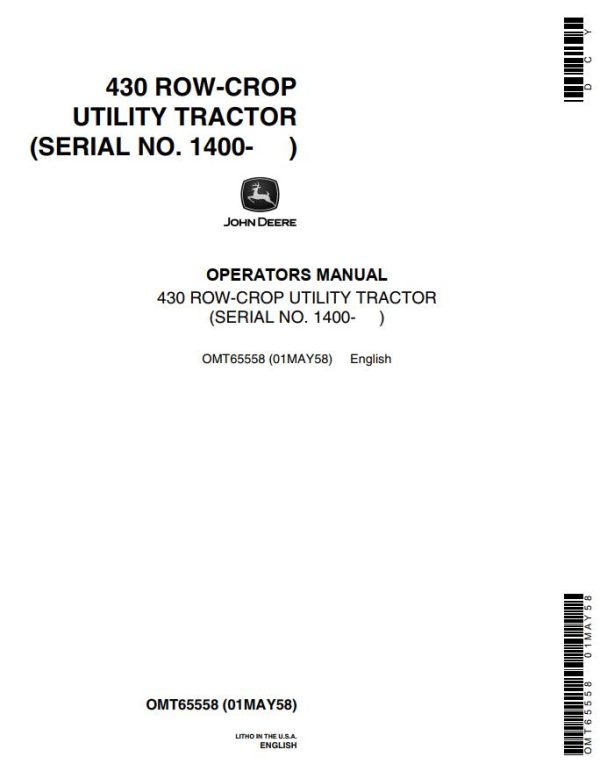 John Deere Row Crop Utility Tractor 430 Operators Manual