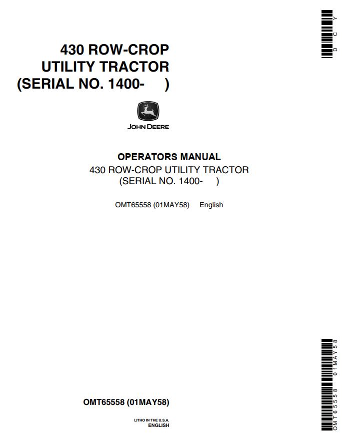 John Deere Row Crop Utility Tractor 430 Operators Manual