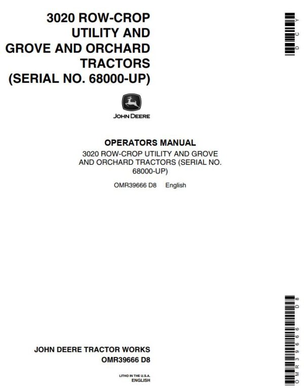 John Deere Row Crop Utility and Grove and Orchard Tractors 3020 Operators Manual 1