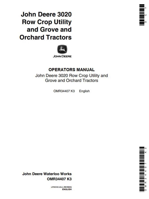 John Deere Row Crop Utility and Grove and Orchard Tractors 3020 Operators Manual