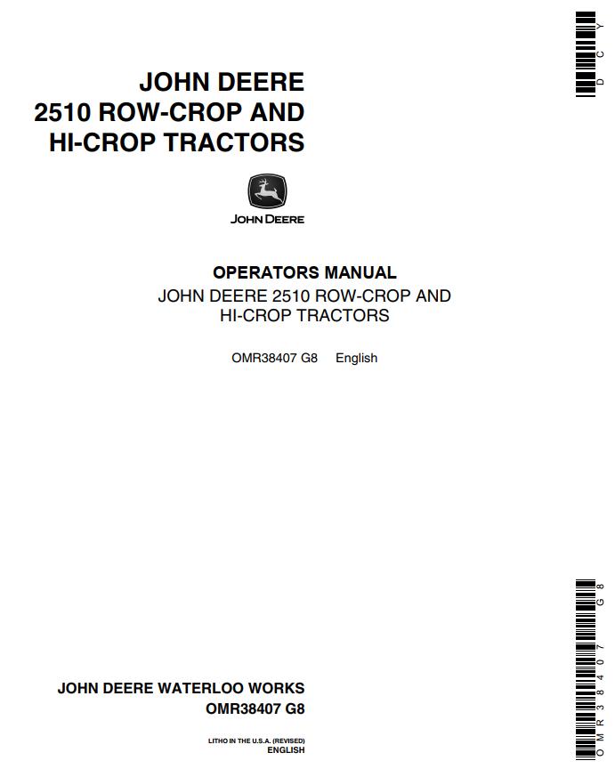John Deere Row Crop and Hi Crop Tractors 2510 Operators Manual