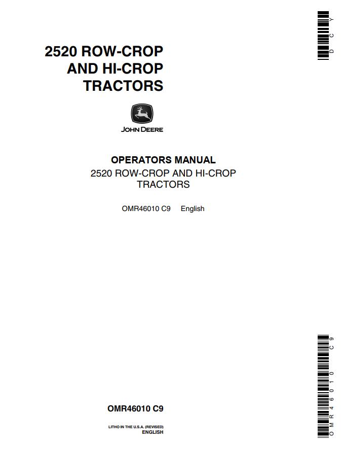 John Deere Row Crop and Hi Crop Tractors 2520 Operators Manual