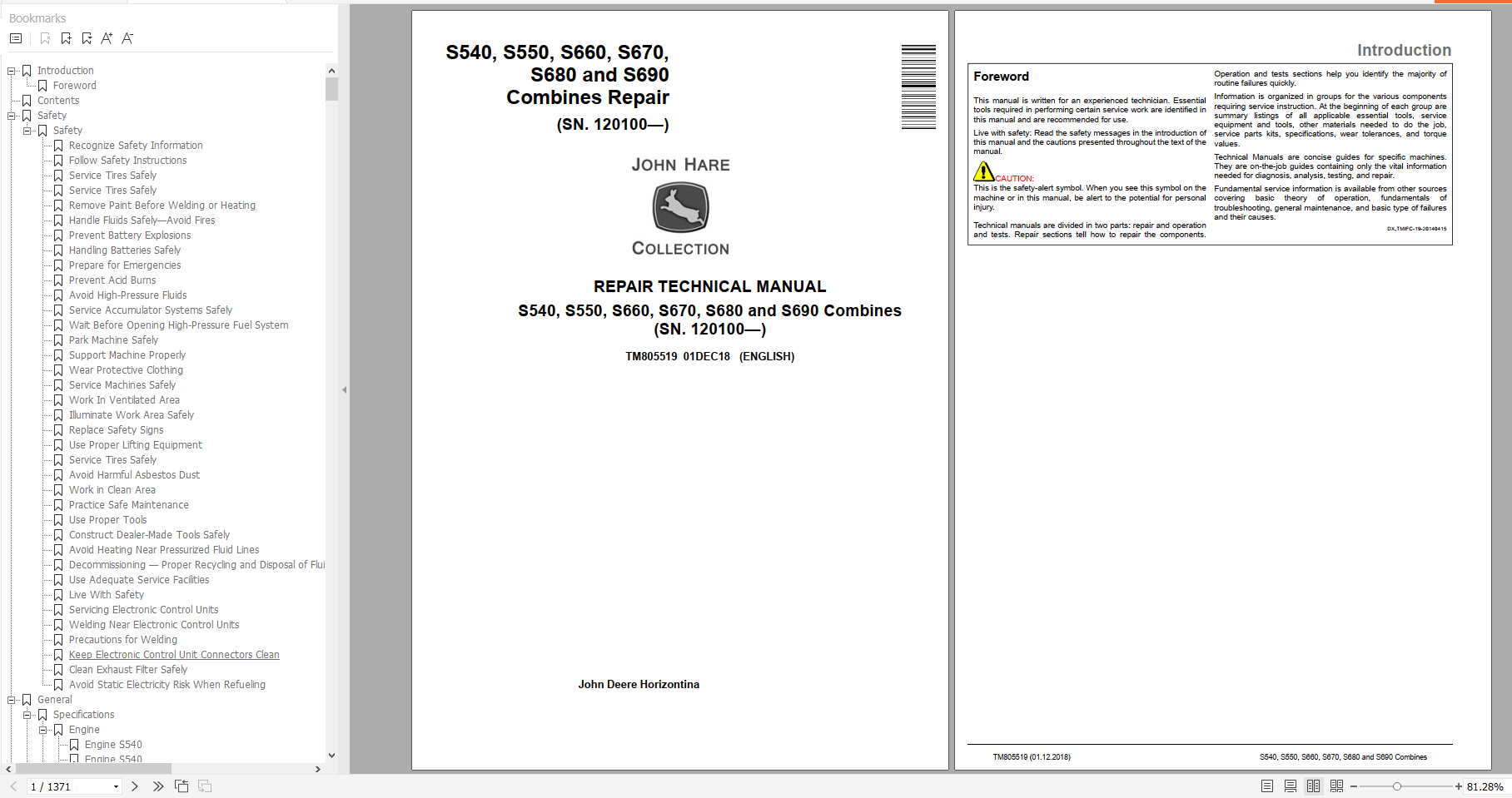 John Deere S540 S550 S660 S670 S680 S690 Combines Repair Technical Manual TM805519 1