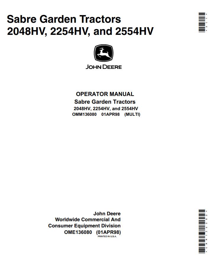 John Deere Sabre Garden Tractors 2048HV 2254HV 2554HV Operator Manual