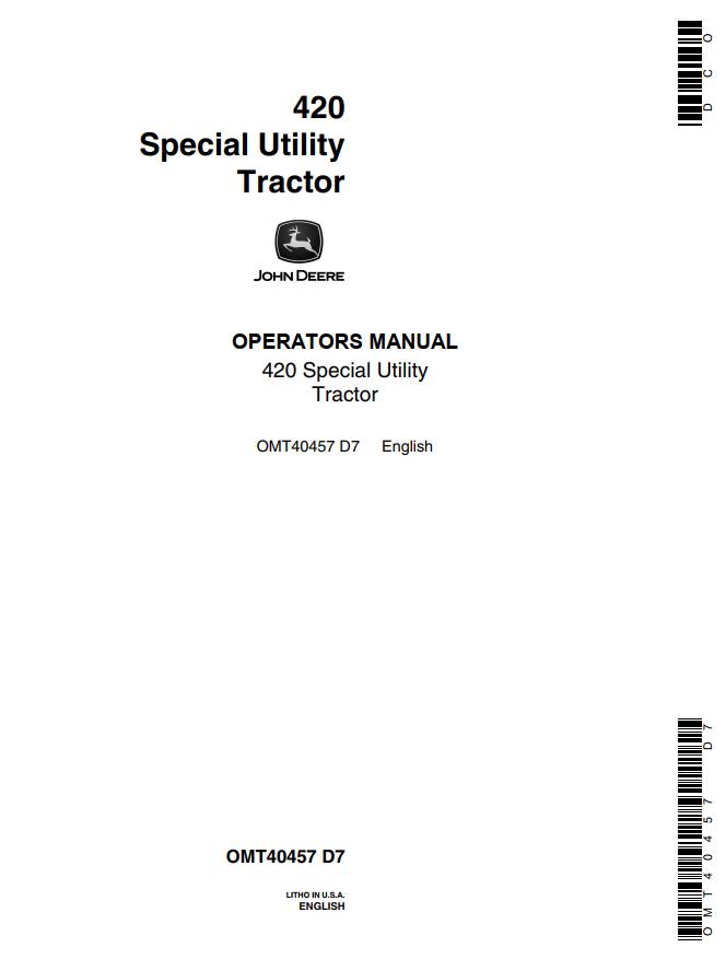 John Deere Special Utility Tractor 420 Operators Manual
