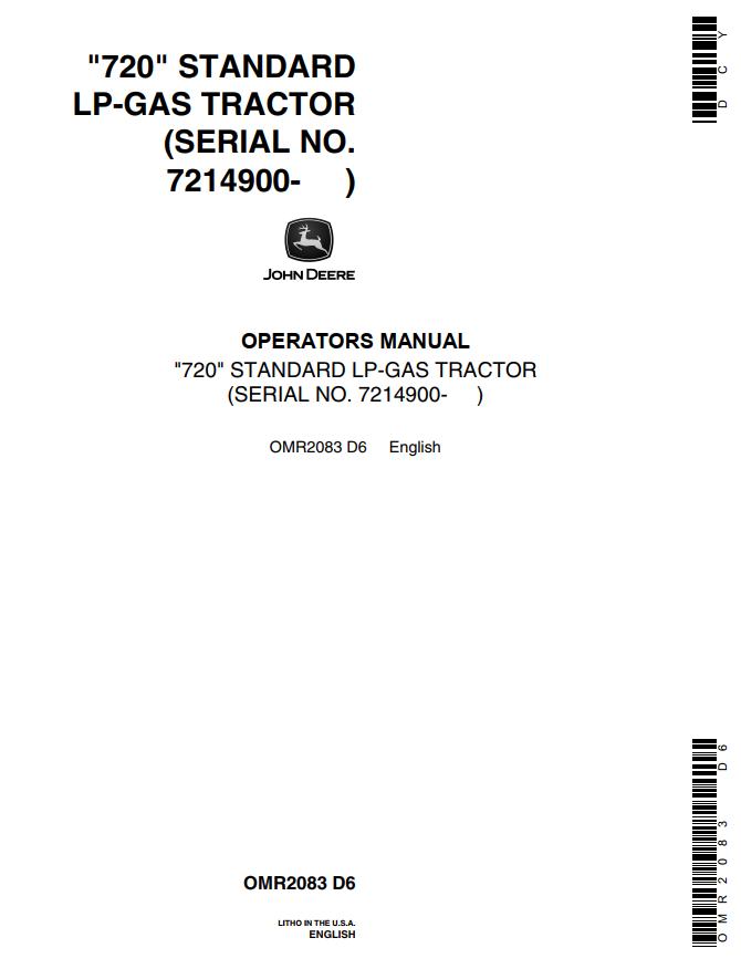John Deere Standard LP Gas Tractor 720 Operators Manual
