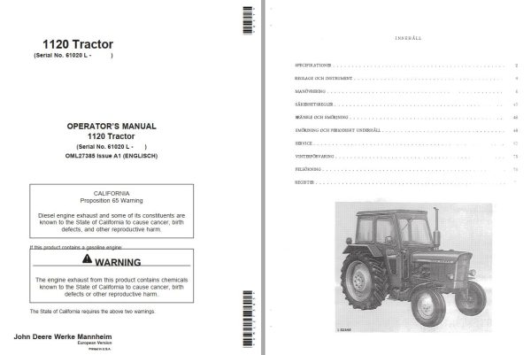 John Deere Tractor 1120 Operators Manual SV