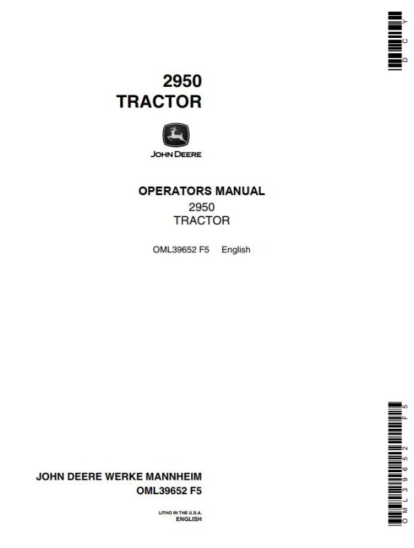 John Deere Tractor 2950 Operators Manual