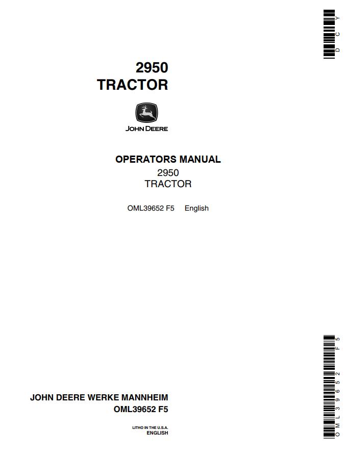 John Deere Tractor 2950 Operators Manual