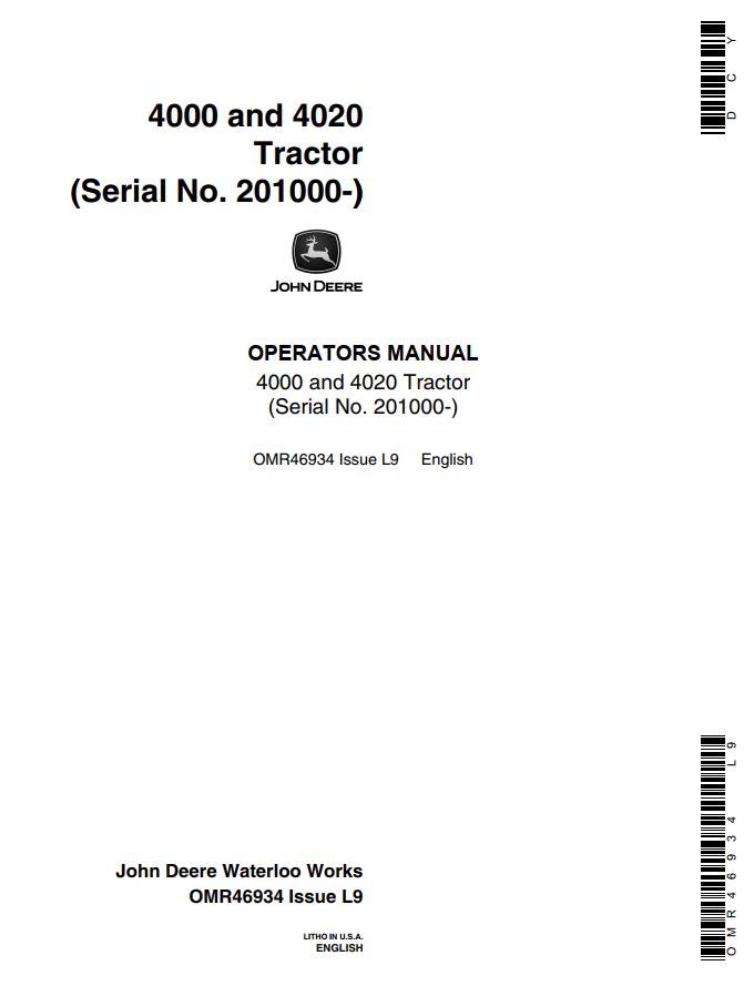 John Deere Tractor 4000 4020 Operators Manual