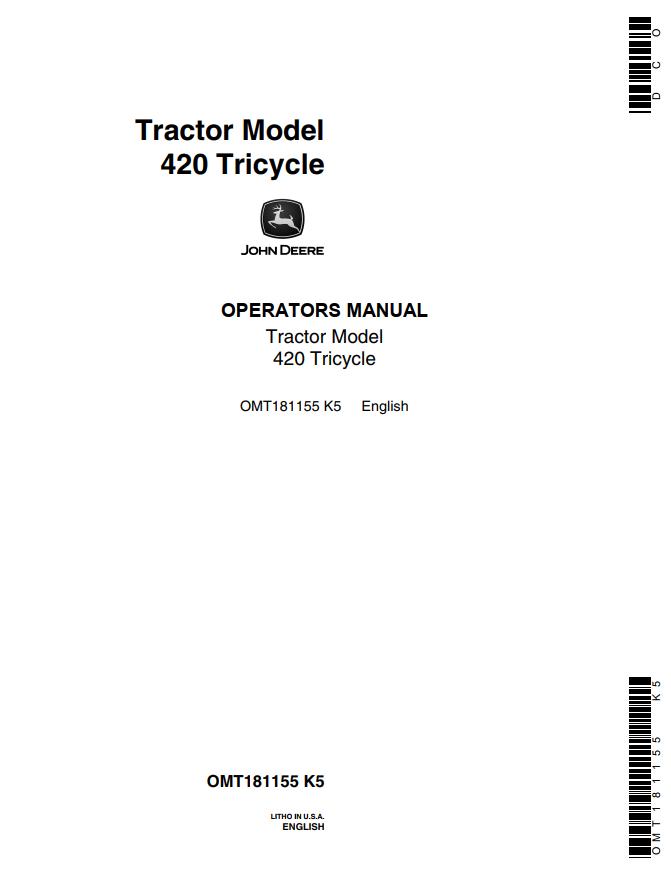 John Deere Tractor 420 Tricycle Operators Manual