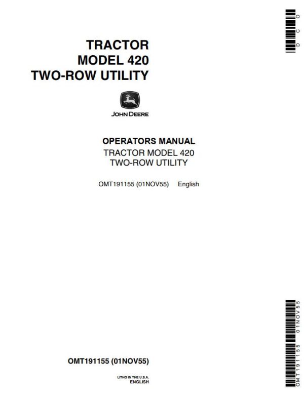 John Deere Tractor 420 Two Row Utility Operators Manual