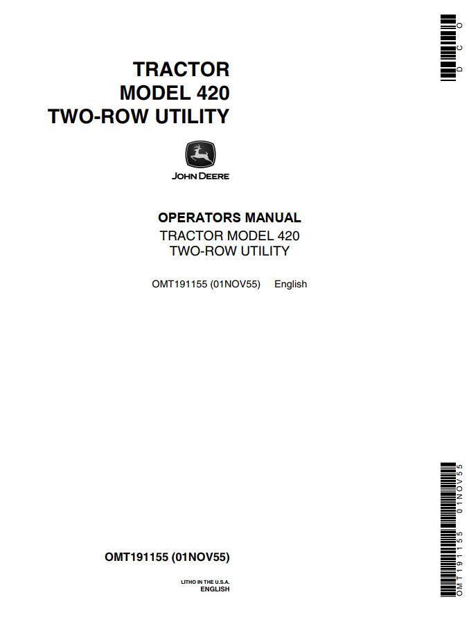 John Deere Tractor 420 Two Row Utility Operators Manual