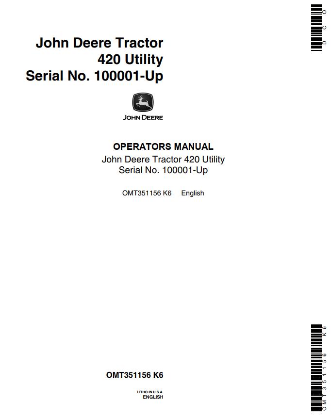 John Deere Tractor 420 Utility Operators Manual