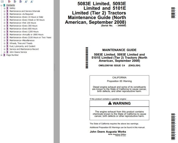 John Deere Tractor 5083E 5093E 5101E Limited Tier 2 Maintenance Guide