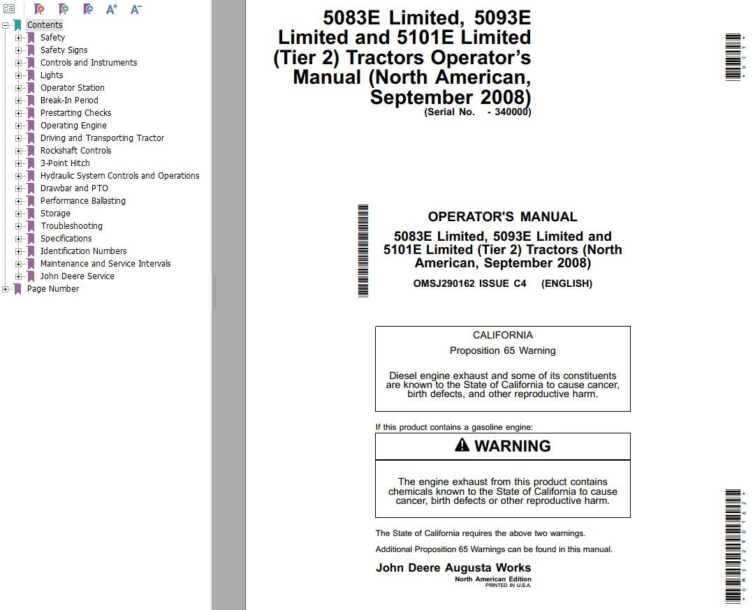 John Deere Tractor 5083E 5093E 5101E Limited Tier 2 Operators Manual
